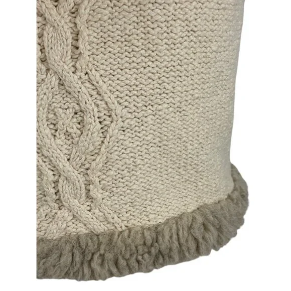 Vtg Y2K Old Navy Cream Cable Knit Faux Shearling Trim Hooded Boho Sweater Vest L - Picture 10 of 16